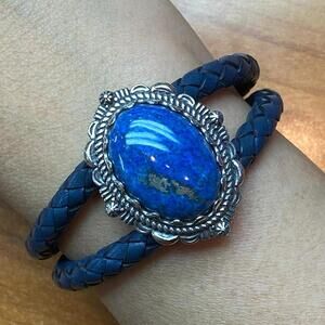 Carolyn Pollack Sterling Denim Lapis Navy Braided Leather Bracelet For Women